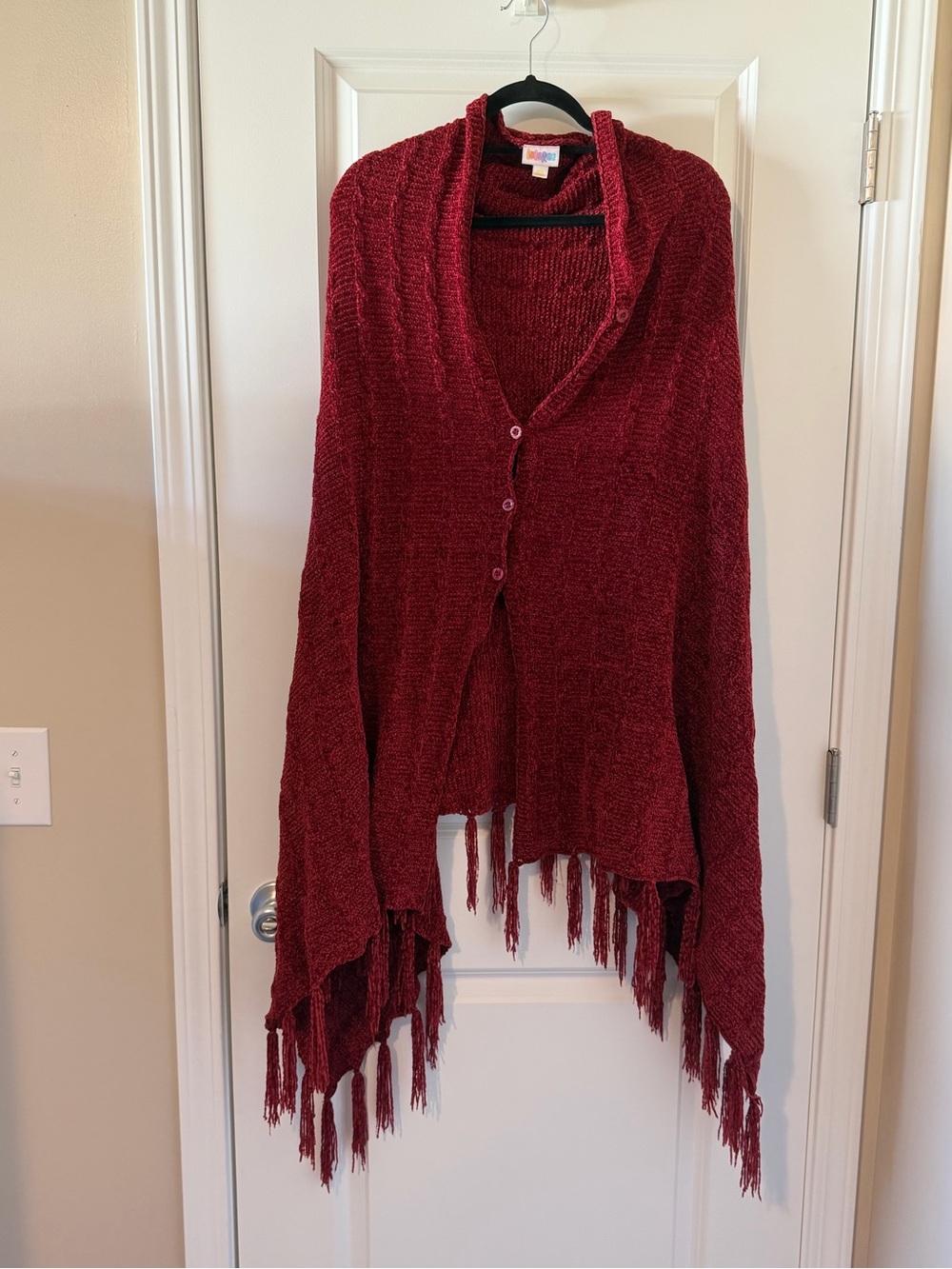 LuLaRoe Burgundy Fringe Button Shawl
